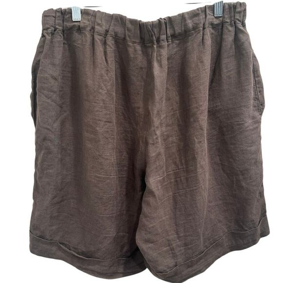 Len Ok Brown Linen Elastic Waist Shorts XXXL Relaxed Fit Coastal Lagenlook Boho - Picture 2 of 9